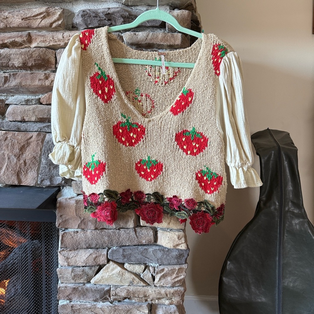 Free People Cream and Red Strawberry Knit top - Picture 4 of 14